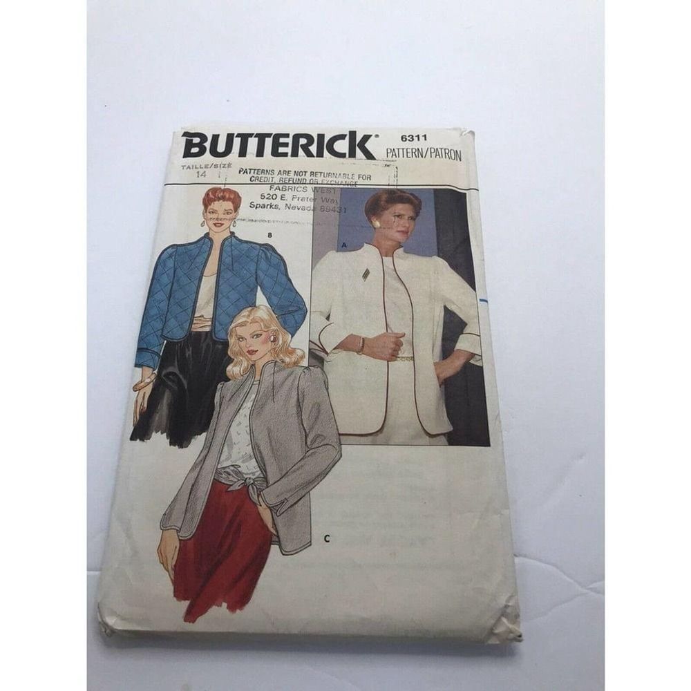 80s Butterick 6911 Women’s Jacket Sewing Pattern Uncut Sizes 14–16–18